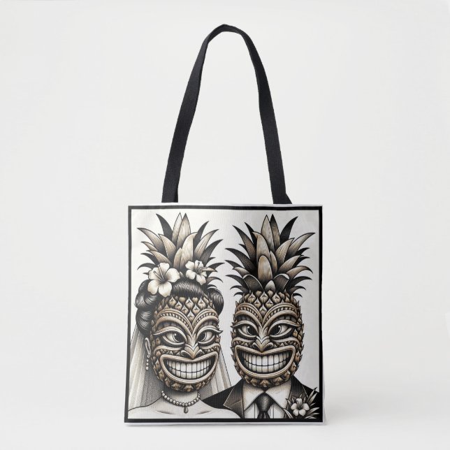 Bolsa Tote Noiva e Noivo Cabeça Tiki Abacaxi Aloha Casamento  (Frente)