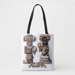 Bolsa Tote Noiva e Noivo Tiki Polinésio Havaiano Casamento 