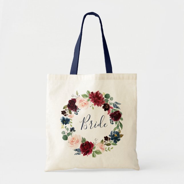 Bolsa Tote noiva floral azul marinho borgonha (Frente)