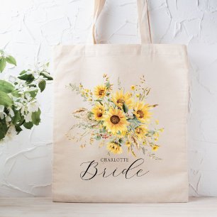 Bolsa Tote Noiva Floral de Girassol em Aquarela Rústica Elega