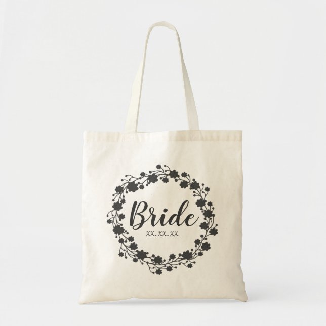 Bolsa Tote Noiva Floral Wreath Data Personalizada (Frente)