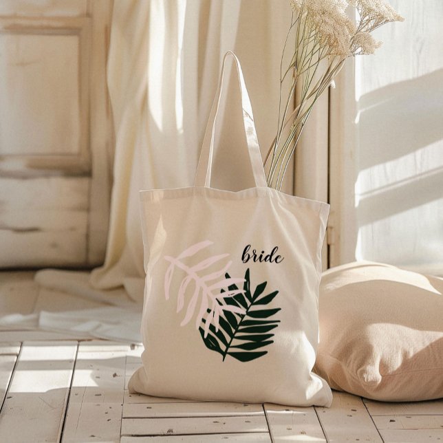 Bolsa Tote Noiva | Palm Getaway Tote Bag (Pink and green palm leaves wedding bride or bridal party welcome tote bag.)