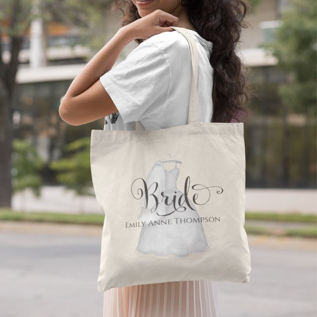 Bolsa Tote Noiva para ser personalizada de vestida de casamen (Bride to be custom calligraphy script wedding dress tote bag.)