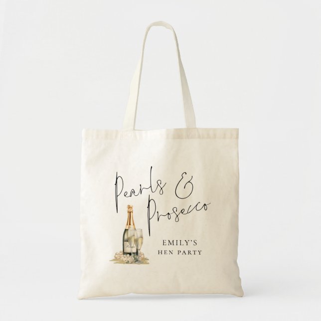 Bolsa Tote Noiva Pérolas Prosecco Nome da Dama de Honra Despe (Frente)