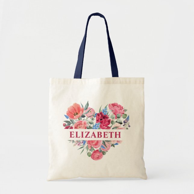 Bolsa Tote Noiva Personalizada do Coração Floral Elegante (Frente)