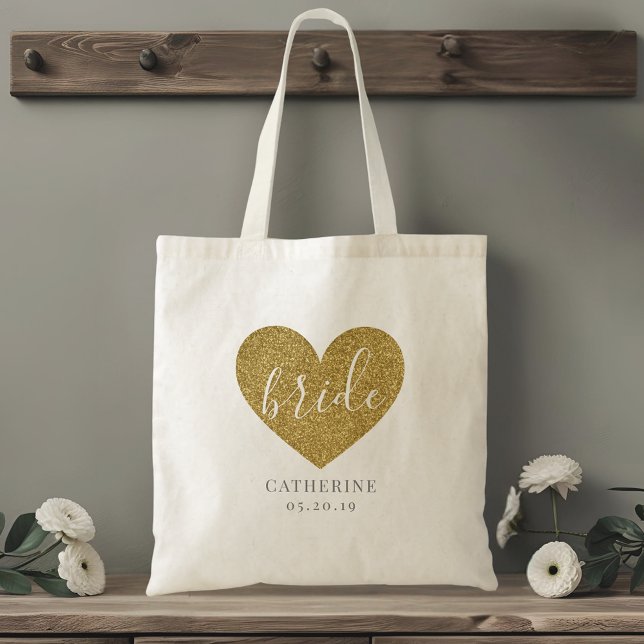 Bolsa Tote Noiva Personalizada do Coração Moderno Dourado (Criador carregado)
