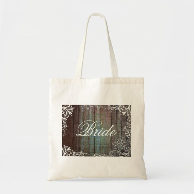 Bolsa Tote noiva rústica moderna de lace de madeira (Frente)