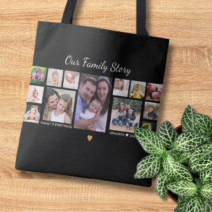 Bolsa Tote Nome 13 Colagem de Fotos Preto da Nossa Família
