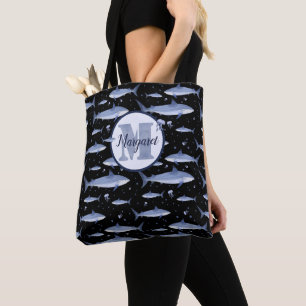 Bolsa Tote Nome + Aquarela Monograma Tubarão-marisco Preto