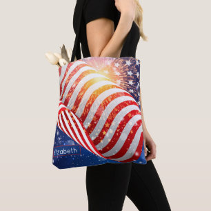 Bolsa Tote Nome, Bandeira Vibrante Acenando e Ombro de Fogos