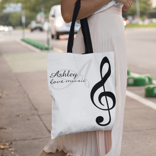 Bolsa Tote Nome & Black Treble Clef Music Bag (love music)
