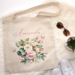 Bolsa Tote Nome Bridesmaid do Buquê Floral Cor-de-Rosa Esbran