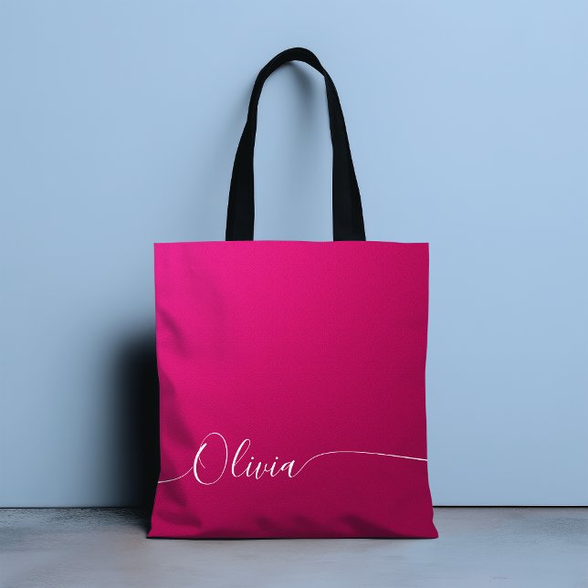 Bolsa Tote Nome com Caligrafia Branca Brilho Rosa Elegante (Criador carregado)