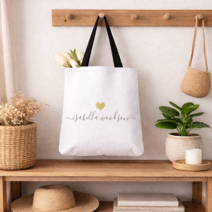 Bolsa Tote Nome com Coração Dourado Moderno Script