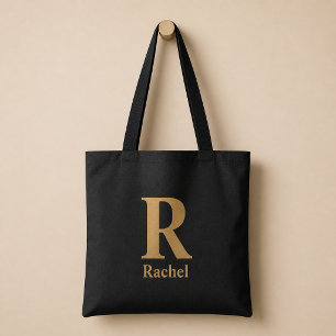 Bolsa Tote Nome com Monograma Minimalista Moderno Dourado/Pre