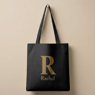 Bolsa Tote Nome com Monograma Minimalista Moderno Dourado/Pre