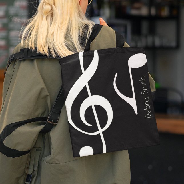 Bolsa Tote Nome com notas musicais em branco. (Criador carregado)