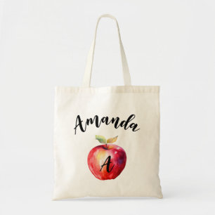 Bolsa Tote Nome Curvo de Maçã Vermelha com Aquarela Monograma
