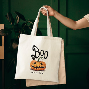 Bolsa Tote Nome da Abóbora de Halloween Laranja Spooky Boo