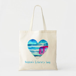 Bolsa Tote Nome da biblioteca de coração azul de Watercolor