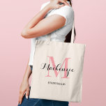 Bolsa Tote Nome da Bridesmaid Negra Negra Elegante<br><div class="desc">O elíptico saco personalizado de tote de casamento apresenta um design de tipografia monograma personalizado com o nome do script de caligrafia moderno e o monograma serif em cores rosa e preto brilhantes. Inclui texto personalizado para um título de partido de noiva,  como "BRIDESMAID" ou outro texto preferido.</div>
