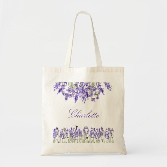 Bolsa Tote nome da escrita das flores de violeta lavanda (Frente)