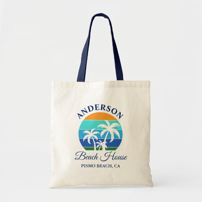 Bolsa Tote Nome da família Beach House Sun Palm Trees (Frente)