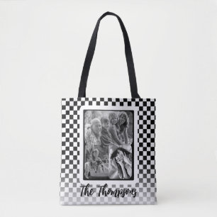 Bolsa Tote Nome da família de colagem de fotos em preto e bra