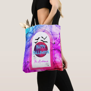 Bolsa Tote Nome da família Purple Pink Bat Modern Happy Hallo