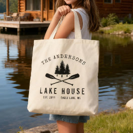 Bolsa Tote Nome da Família Rustic Lake House Boat Oars Trees