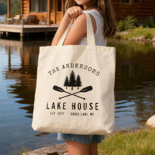 Bolsa Tote Nome da Família Rustic Lake House Boat Oars Trees