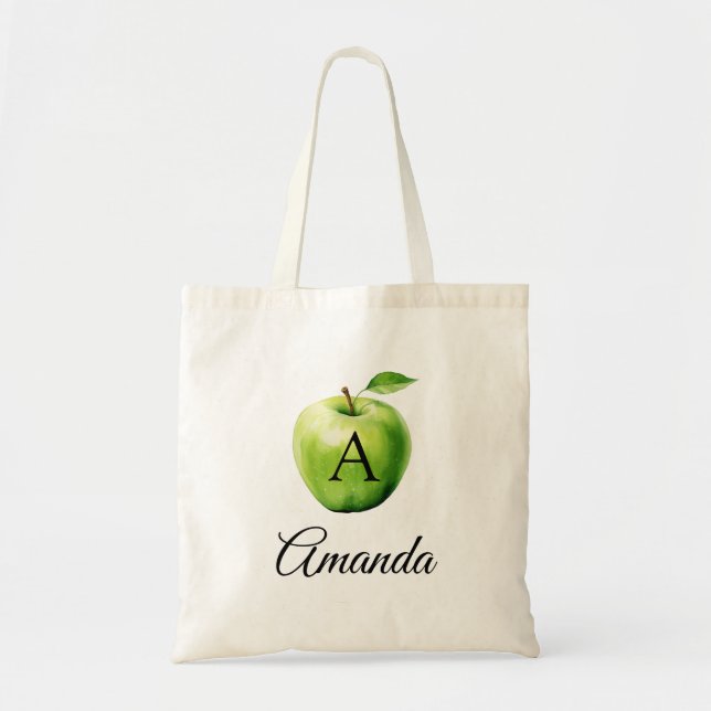 Bolsa Tote Nome da Maçã Verde de Aquarela Monograma (Frente)