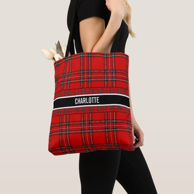 Bolsa Tote Nome da xadrez do tartan vermelho-quic (Close Up)