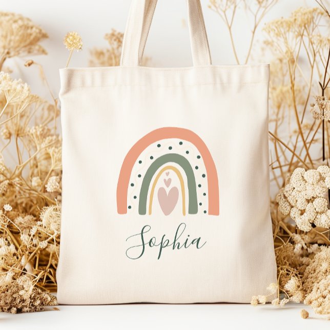 Bolsa Tote Nome das Crianças Boho Arco-Íris Coração Tons da T (Criador carregado)