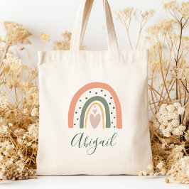 Bolsa Tote Nome das Crianças Boho Arco-íris Coração Tons da T