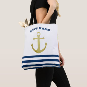 Bolsa Tote Nome de Barco Náutico, Âncora Dourada Listras Azul