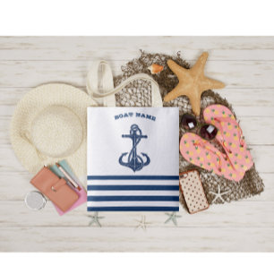 Bolsa Tote Nome de Barco Náutico, Âncora Listras Azuis e Bran