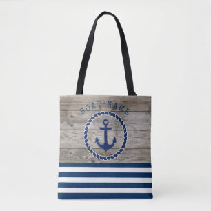 Bolsa Tote Nome de Barco Náutico, Âncora Listras Azul-Marinho