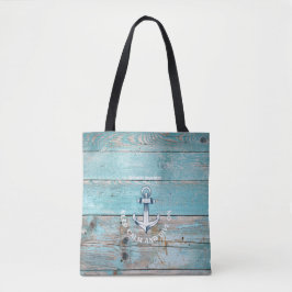 Bolsa Tote Nome de Barco Náutico Âncora Madeira Rústica