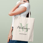 Bolsa Tote Nome de Bridesmaid do Casamento Personalizado Eleg<br><div class="desc">O elogioso saco personalizado de tote de casamento apresenta um design de tipografia monograma personalizado com o nome do script de caligrafia moderno e o monograma serif inicial em cores verdes e pretas de louros. Inclui texto personalizado para um título de partido de noiva, como "BRIDESMAID" ou outro texto preferido....</div>