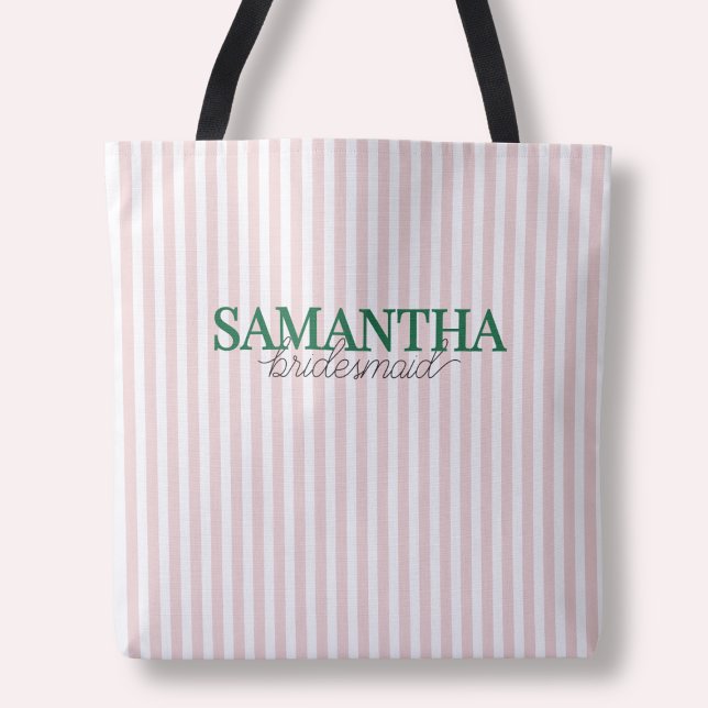 Bolsa Tote Nome de Dama de Honra Verde Personalizado com List (Modern Pink Striped Custom Green Bridesmaid Name Tote Bag)