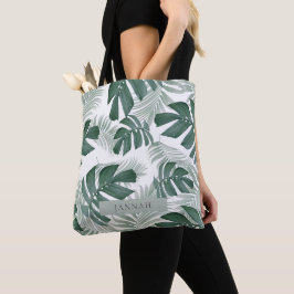 Bolsa Tote Nome de Folha Tropical Verde Aquarela Moderna