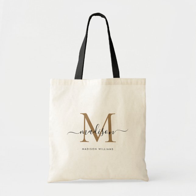 Bolsa Tote Nome de Letra Inicial de Monograma Dourado Preto n (Frente)