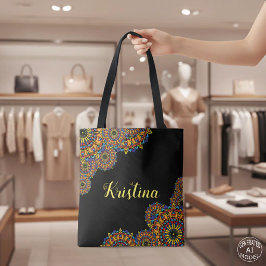 Bolsa Tote Nome de Mandala Floral Colorida e Preta em Negrito