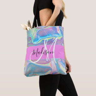 Bolsa Tote Nome de Monograma Holográfico Iridescente Rosa Fem