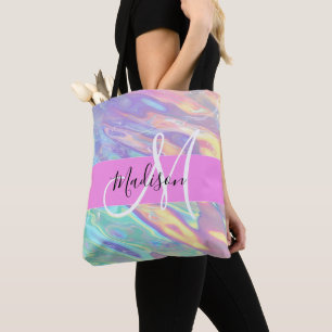 Bolsa Tote Nome de Monograma Holográfico Iridescente Rosa Fem