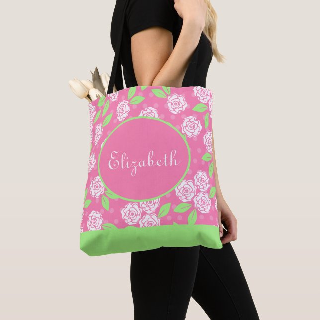 Bolsa Tote Nome de monograma Rosa Verde Floral Xadrez Chic (Close Up)