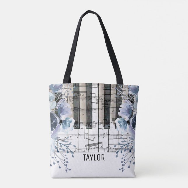 Bolsa Tote nome de música floral azul empoeirada (Verso)