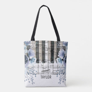 Bolsa Tote nome de música floral azul empoeirado