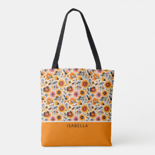 Bolsa Tote Nome de Personalização Floral Colorida da Tendênci